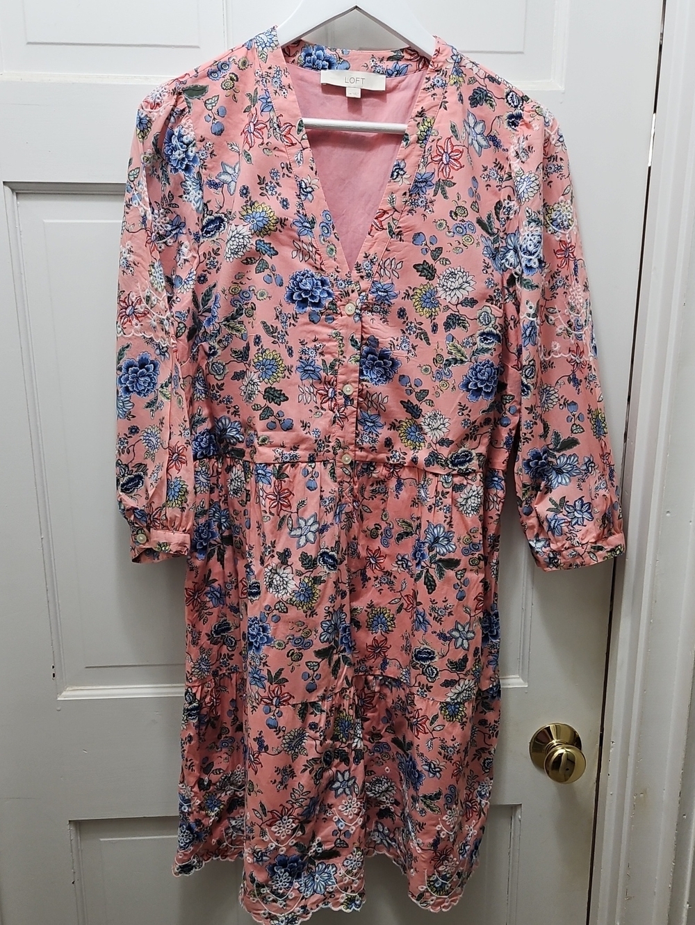 LOFT Pink Floral 3/4 Sleeve Tiered Dress Size 14 Embroidery